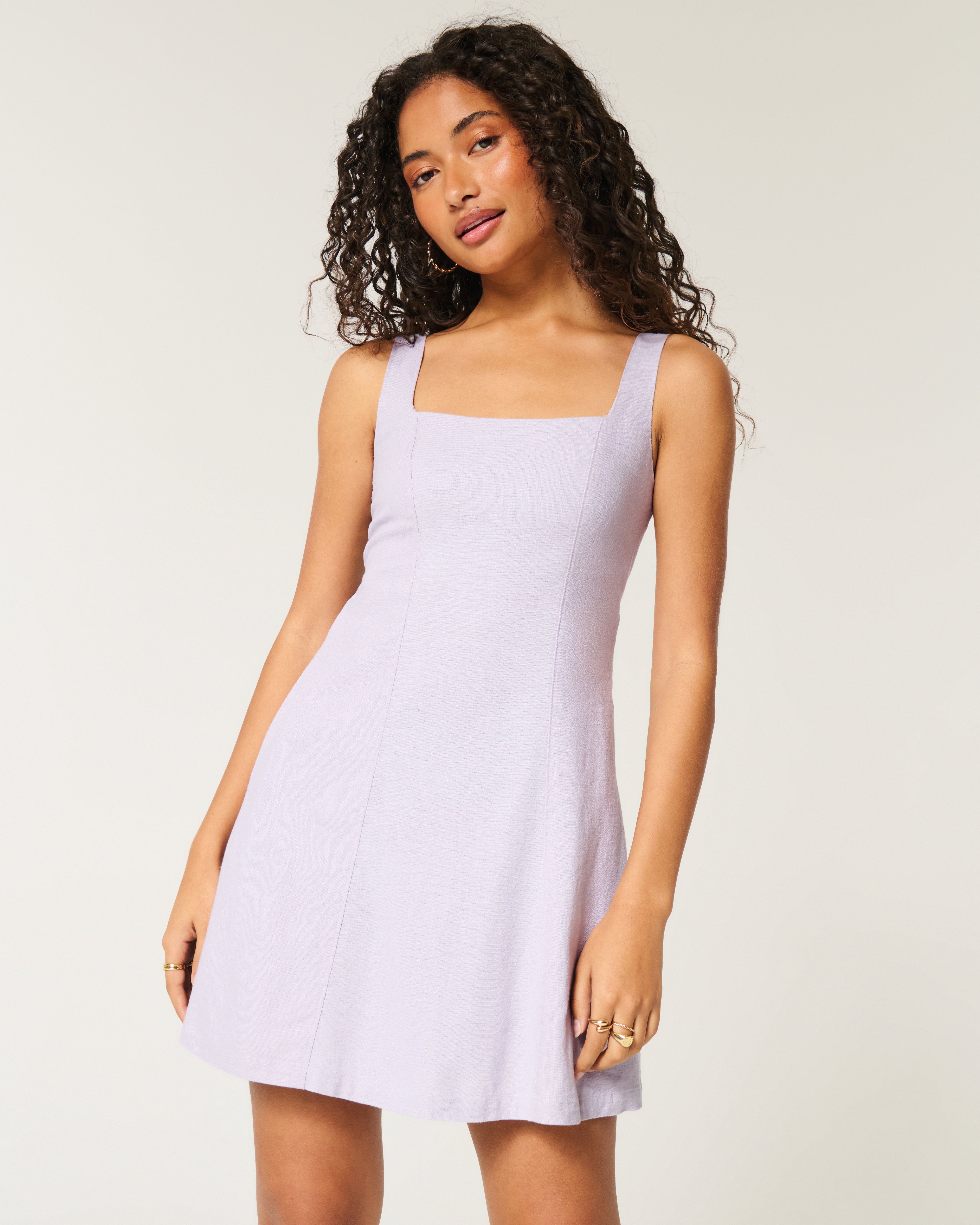 Женское платье Hollister Linen-Blend Structured Mini, цвет: Пыльный лавандовый — фото 2